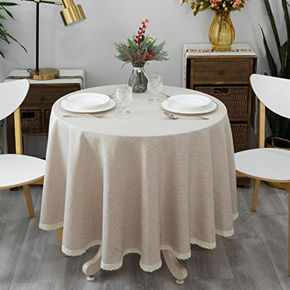 GLORY SEASON Textured Tablecloth Linen-Look Rustic Burlap Stlye Washable Solid Heavy Weight Lace Trim Fabric Table Cloth,Table Cover for Kitchen Dinning Tabletop Decoration 90 in Round Beige - size: 90" (Round)
