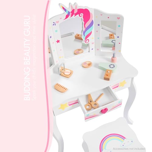 Spirich Kids Vanity, Girls Vanity Set with Mirror and Stool and Lights, Kids Vanity Table and Chair Set, Wooden Princess Makeup Desk Dressing Table - size: Unicorn and Rainbow