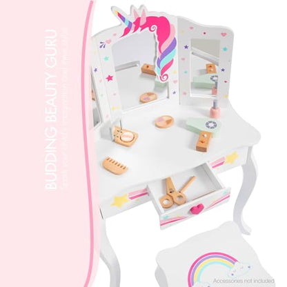 Spirich Kids Vanity, Girls Vanity Set with Mirror and Stool and Lights, Kids Vanity Table and Chair Set, Wooden Princess Makeup Desk Dressing Table - size: Unicorn and Rainbow