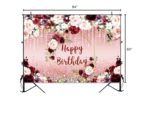 Sensfun Floral Happy Birthday Backdrop Burgundy Flowers Rose Gold Glitter Bokeh Spots Photo Background Vinyl Women Birthday Party Cake Table Decorations Photoshoot Banner (7x5ft) - size: 7x5ft