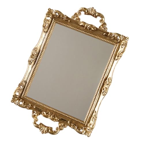 Vintage Carved Mirror Tray Gold Resin Decorative Makeup Organizer for Wedding Dessert Table and Room Storage