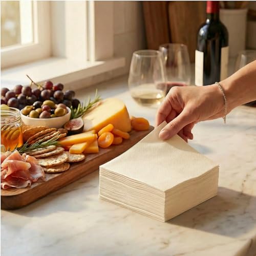 AMERICAN HOMESTEAD Ivory Cocktail Napkins - Premium 4.75"x4.75" Disposable Linen-Like Beverage Napkins - Bulk Square Party Bar Serviettes for Weddings, Parties, Events, and Everyday Use - 100 Count - color: Ivory, size: 4.75 x 4.75