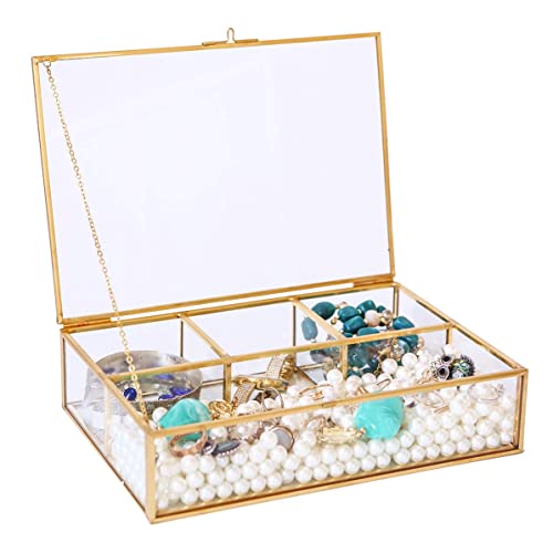 Vintage Glass & Brass Jewelry Box with 4 Compartments - Makeup Organizer, Cosmetic and Treasure Display Case, Elegant Storage Box for Vanity
