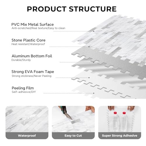 STICKGOO Peel and Stick Backsplash Tile, Stick on Backsplash for Kitchen and Bathroom, Volakas White Look PVC Mixed Metal Silver Self Adhesive Wall Tiles(Sample) - color: Volakas White with Metal Silver