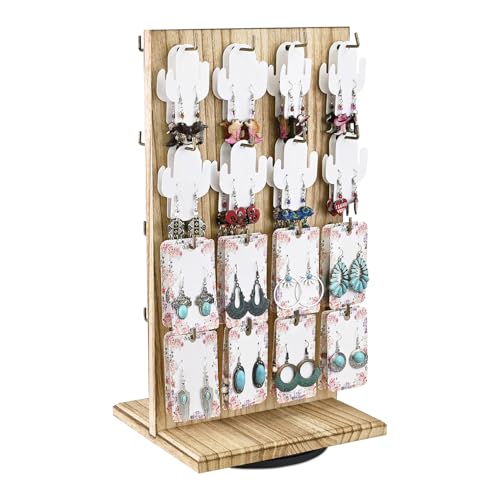 Ikee Design Wooden Rotating Two-Sided Jewelry Display Stand, Rotating Organizer with 32 Long Hooks for Store, Keychain Earring Display, Oak Color, 9.1W x 7.5 D x 17.1 H in - color: Oak, 1 Piece, Long Hook