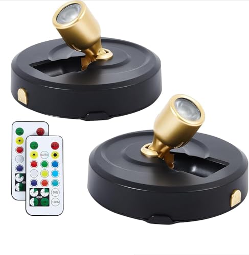 Battery Operated Spotlight, Wireless Picture Lights with Color Changing, LED Puck Light, Dimmable & Timer Accent Light with Remote, Stick on Display Lighting for Portrait Dartboard Painting Gallery - color: RGB Black Gold, size: 2 Pack