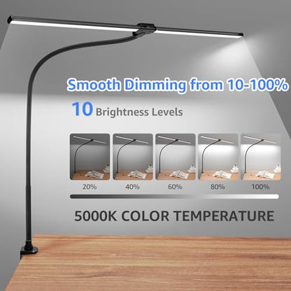 ShineTech LED Desk Lamp for Home Office, 5000K Bright Double Head Architect Task Lamps with Clamp, Dimmable Adjustable Flexible, Black - color: 5000K- Daylight White