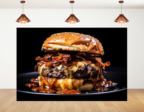 6x6ft Black Plate Burger Backdrop Melted Cheese Photography Background for Restaurant Menu and Food Shoot Decorations Tapestry Photo Booth Props - size: 6x6ft