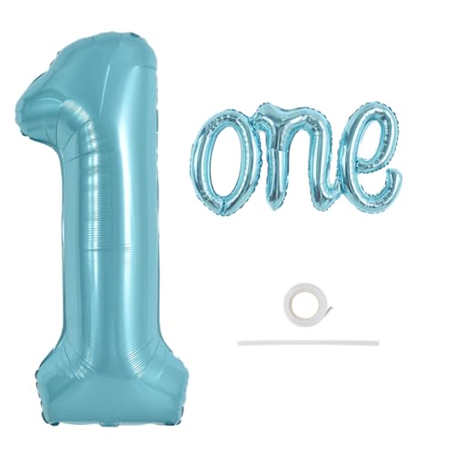 TONIFUL 40 Inch Giant Light Blue Number 1 Balloon,Mylar Foil Script Cursive Letter 1 Balloon Banner for Boys Girls Kids First Birthday One Year Old Party 1st Anniversary Ceremony Decoration - color: One-light Blue