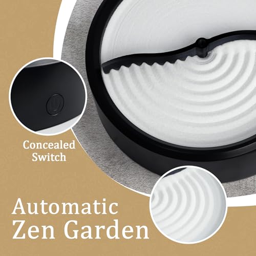 Automatic Zen Sand Garden for Desk, Mini Zen Garden Decor for Office Desk with White Mineral Black Base，Home Meditation for Relaxation, Sand Tray Therapy, Minimalist Plate Accessories 8in