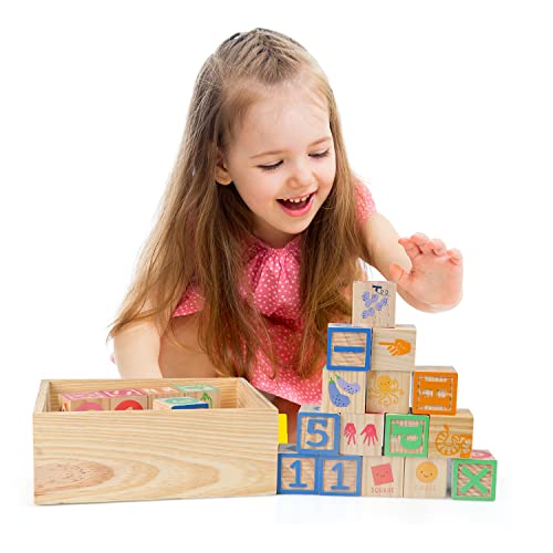 ABC Wooden Building Blocks for Toddlers 3 Large, 40 PCS Alphabet & Number Stacking Blocks with Storage Tray, Montessori Educational Learning Toys for Boys Girls Kids Gifts 1.65" - style: 40 abc blocks tray