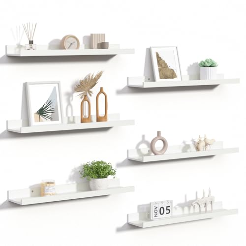 upsimples Floating Shelves for Wall, 23.6 Inch Shelves for Decor Storage Set of 6, Wall Mounted Wood Shelf for Bedroom, Living Room, Bathroom, Kitchen, Long Picture Ledge Shelves, White - color: White, size: 23.6in