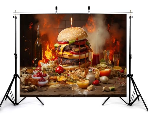 10x10ft Fiery Giant Burger Backdrop Burning Flame Photography Background for Spicy Food Party and Festival Decorations Tapestry Photo Booth Props - size: 10x10ft
