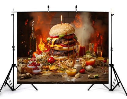 6x6ft Fiery Giant Burger Backdrop Burning Flame Photography Background for Spicy Food Party and Festival Decorations Tapestry Photo Booth Props - size: 6x6ft