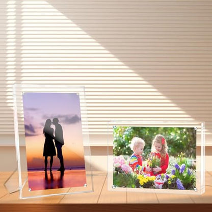 2 Pack(5×7) Acrylic Picture Frames Clear Magnetic Photo Frames Freestanding Lucite Acrylic Block Frame Frameless Desktop Display for Home Office - size: 5"x7"-2Pack