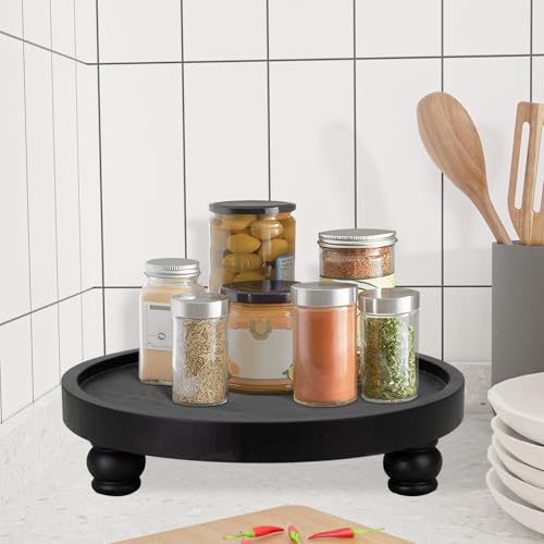 MAONAME Decorative Round Wood Riser for Display, Farmhouse Pedestal Stand for Kitchen Counter, Black Wooden Risers Tray for Home Decor, Pedestal Tray for Living Room Decor