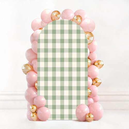 6.6FT Wedding Arch Backdrop Cover Seamless Checkered Light Green Spandex Fitted Fabric Round Top Stretchy Stand Covers for Baby Shower Birthday Party Decoration - color: Color7, size: 6.6x3.3 FT