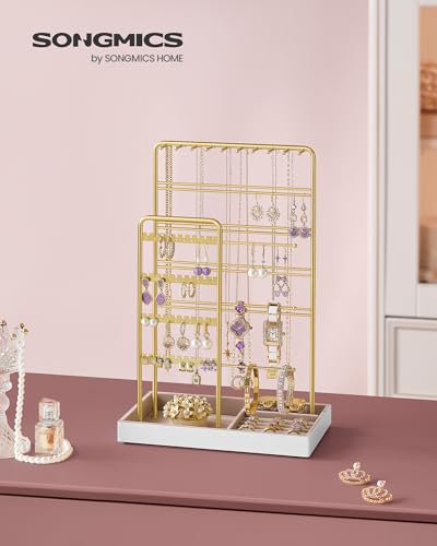 SONGMICS Necklace Holder, Jewelry Stand Holder Organizer, Jewelry Display with Metal Frame, Velvet Tray, Earring Bracelet Holder, for Gift Idea, 5.5 x 9.4 x 14.1 inch, Pale Gold UJJS028A01 - color: Pale Gold, size: 5.5"D x 9.4"W x 14.1"H