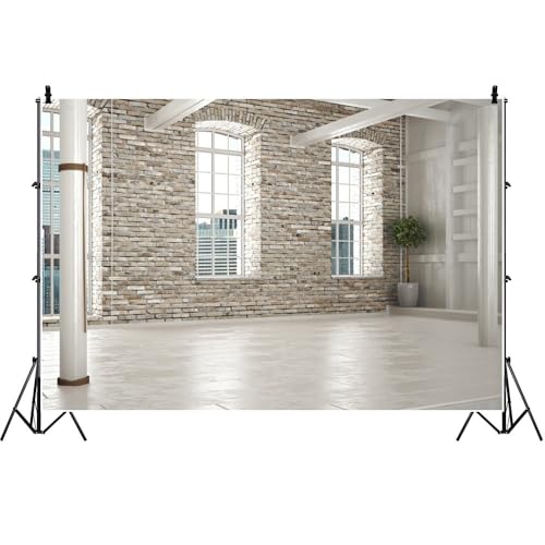 Yeele 8x4ft Modern Villa Backdrop for Photography Business Office Green Plant Brick Wall Empty Living Room Background for Online Meeting Video Conference Photo Studio Shoot Props Vinyl Wallpaper - size: 8x4ft