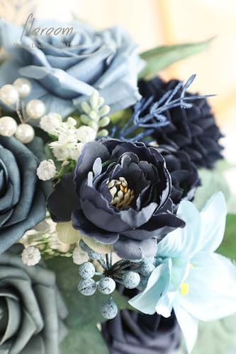Floroom Artificial Greenery Stems Box Set, 59pcs with 8 Kinds of Faux Greenery Flowers Picks for DIY Bridal Bouquets Wedding Floral Arrangement Table Centerpieces, Navy & Dusty Blue - color: Navy & Dusty Blue