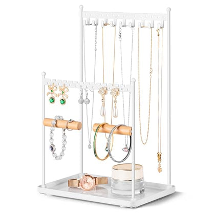 3 Tier white Jewelry Stand, Necklace Organizer, Earring Holder with 44 Holes and 9 Hooks, for Necklaces, Bracelets, Rings - color: White