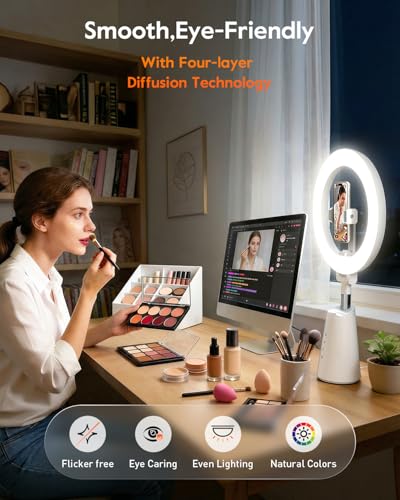 Ring Light for Makeup and Video Recording, 11" Desk Ring Light with 13.5" Stand & Phone Holders, Touch Control, Dimmable LED Selfie Light for Makeup, Video, Zoom Calls, Live Stream, YouTube&TikTok