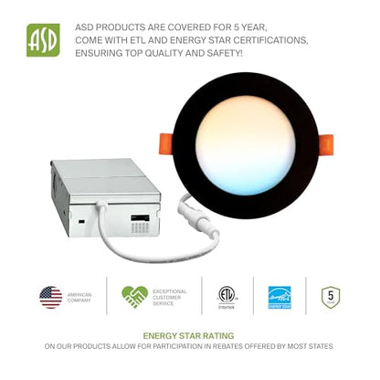ASD 6 Pack LED Recessed Lighting 4 Inch 12W, 5 CCT 2700K-5000K CRI90+, IC Rated Ultra Thin Dimmable Ceiling Lights with J Box, Canless Wafer Downlight, Round Slim Panel Light, Energy Star ETL, Black - color: Black, size: 4 Inch 6 Pack