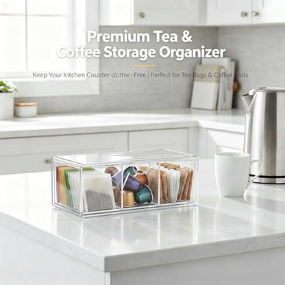 2-Layer Clear Acrylic Vanity Organizer with Adjustable Dividers, Stackable 3-Compartment Storage Box for Makeup, Hair Accessories, Skincare, Bathroom, Desk - 8.07" x 3.94" x 2.76"