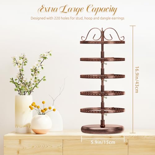 Modowey Rotating Earring Holder Organizer Stand, 5 Tier Metal Tree Display for Women Vendors, 220 Holes Adjustable Jewelry rack for Stud Hoop Dangle Storage, Trendy Carousel Keeps Dresser Neat, Bronze - color: Bronze, size: 5 Tier, 220 Holes