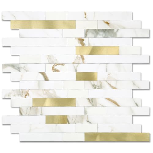 10 - Sheet Peel and Stick Backsplash Wall Tile, PVC Kitchen Backsplash, Stick on Tiles for Backsplash Kitchen (12'' X 12'', White with Gold) - color: White With Gold