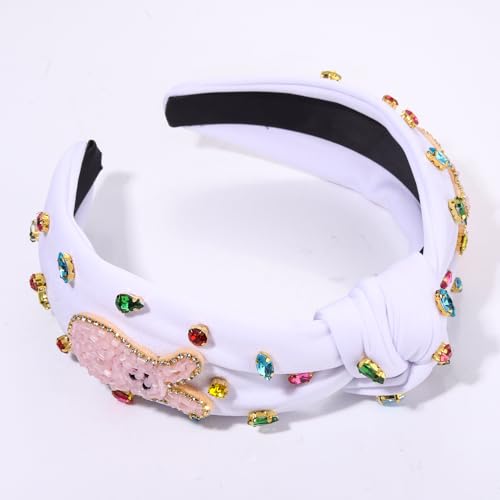 NVENF Easter Headband for Women Beaded Easter Rabbit Bunny Headband White Pink Crystal Pearl Knotted Hairband Happy Easter Hair Accessories Spring Holiday Headwear Outfits Gifts (Bunny A - White) - color: Bunny A - White