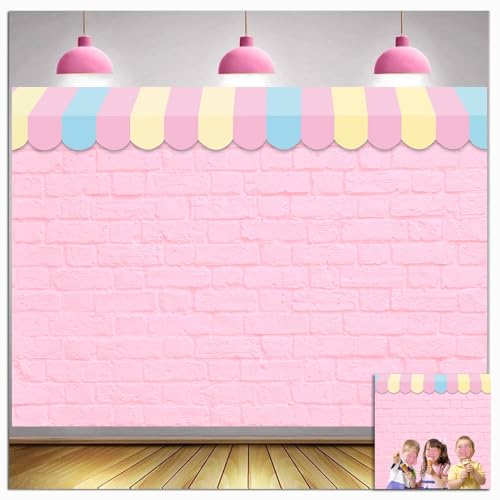 Pink Brick Wall Ice Cream Parlor Photography Background 7X5ft Fabric Princess Girl Kids Baby Girl Birthday Party Backdrops Dessert Cake Table Decor Props Supplies - size: 7x5ft(210x150cm)