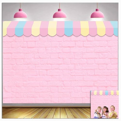Pink Brick Wall Ice Cream Parlor Photography Background 7X5ft Fabric Princess Girl Kids Baby Girl Birthday Party Backdrops Dessert Cake Table Decor Props Supplies - size: 7x5ft(210x150cm)