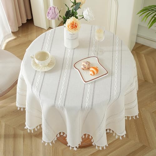 meioro Rustic Table Cloth, White Round 55" Textured Cotton Linen Fabric Tablecloth with Tassel, Heavy Duty Farmhouse Table Cover Embroidery Stripe Round Tablecloths for Dinning Wedding Party - color: White, size: 55" (Round)