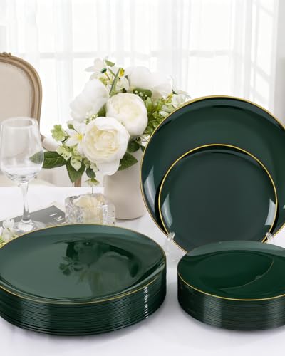 PULOTE 60PCS Green Plastic Plates - Heavy Duty Green Disposable Include 30 Each (10 inch Dinner & 7 inch Dessert) Plates, Ideal for Party & Christmas - color: Green, size: 60 PCS