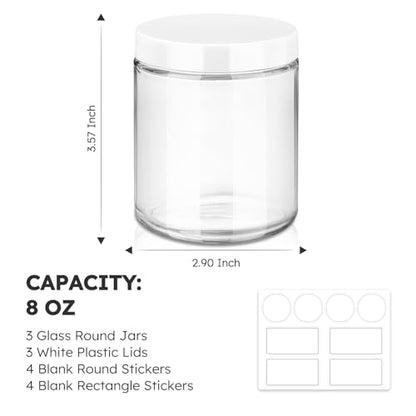 Tecohouse 8oz Glass Jars with Lids, 3 Pack Candle Jars with Blank Labels, 250g Clear Wide Mouth | Cosmetic Containers for Sample, Cream, Lotion, Honey, Powder, Jelly | Kitchen & Home - color: Clear-White Lids
