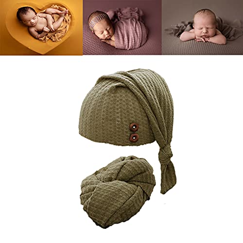 Newborn Baby Photography Wrap with Long Tail Hat Boy Girl Photo Crochet Outfits Picture Blanket Props (green)