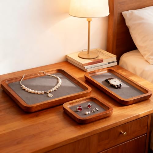 Wooden Jewelry Display Tray Rounded Rectangle Ring Showcase Stackable Elegant Bracelet Watch Jewelry Organizer for Personal Use and Commerce (Gray, Large-W 7'' x H 0.6'' x L 7.9'') - color: Gray, size: Large-w 7'' X H 0.6'' X L 7.9''