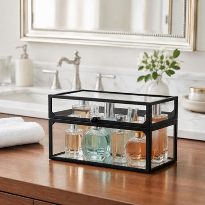 Cologne Organizer for Men, Glass Perfume Organizer Box with Flip Top Lid, Dustproof Perfume Storage Case, Clear Cologne Holder for Vanity, Bathroom Countertop, Watch, Jewelry, Fragrance Display, Black