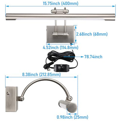 LEONLITE 3CCT Dimmable LED Picture Light, 2700K/3000K/4000K Selectable, CRI90 Swivel Full Metal Picture Frame Light for Wall Art, Painting, Artwork, Portrait, Plug-in & Hardwired, Satin Nickel - color: Satin Nickel-CCT