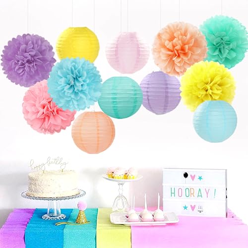 Pastel Rainbow Colorful Party-Decorations Paper Flowers Lanterns - 15PCS Birthday Classroom Baby Shower Tissue Pom Poms Streamers, Macaron Carnival Theme Hanging Supplies Decor Hugfond - color: Maca Rainbow