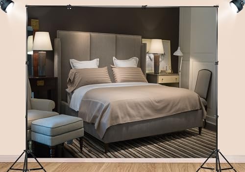 Luxury Hotel Bedroom Backdrop Gray Upholstered Headboard Neutral Tones Interior Background Home Decor Party Decorations Tapestry Elegant Wall Hanging Photo Booth Studio Props 9X6ft Fabric - size: 9X6ft