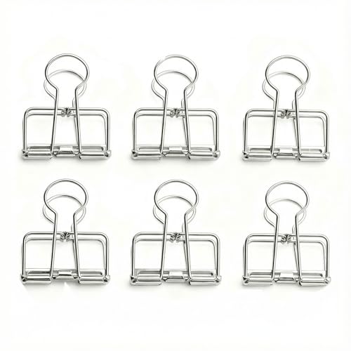Binder Clips, Silver Hollow Cutout Foldback Paper Clamp Set with Long Handles, 6 Pack Decorative Metal Fasteners for Documents, Receipts, Photos, and Desk Organization - color: Silver
