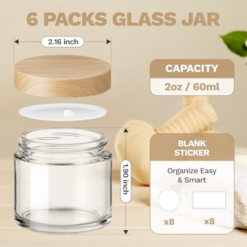 2 oz Small Glass Jars with Lids, Bumobum Clear Cosmetic Jars with Plastic Woodgrain Lids, 60ml Refillable Empty Containers for Lotion, Cream, Salve, Powders, 6 Pack - color: 2oz-6pack