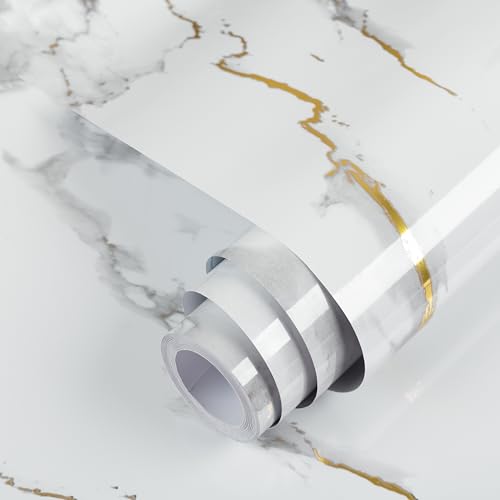 practicalWs Glossy Marble Wallpaper Peel and Stick White/Gold Granite Contact Paper Removable Wall Paper for Kitchen Countertop Cabinet Furniture 17.7" x 78.7" - color: Gold/White, size: 17.7" x 78.7"