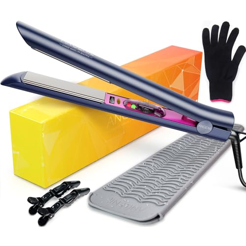 ANGENIL Professional Titanium Flat Iron 1 inch, Hair Straightener and Curler 2 in 1 with Adjustable Temp for All Hair Types, Anti-Static, Dual Voltage Travel Size with Silicone Resistant Mat Pouch - color: Blue Purple