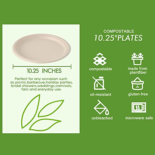 Vplus 150 Pack Compostable Disposable Paper Plates 10 inch Super Strong 100% Bagasse Natural Biodegradable Eco-Friendly Sugarcane Plates(nature) - color: Nature, style: 10 IN Round Plates
