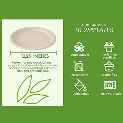 Vplus 150 Pack Compostable Disposable Paper Plates 10 inch Super Strong 100% Bagasse Natural Biodegradable Eco-Friendly Sugarcane Plates(nature) - color: Nature, style: 10 IN Round Plates
