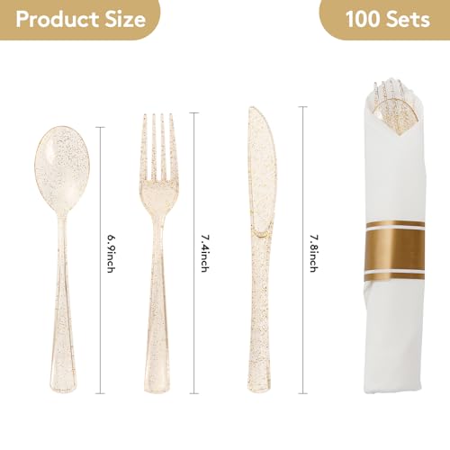 Goodluck 100 Pack Pre Rolled Gold Glitter Plastic Silverware, Wrapped Cutlery Set with Napkin Include 100 Forks, 100 Knives, 100 Spoons and 100 Napkins, Fancy Disposable Silverware for Party, Wedding - size: 100pc, style: Gold Glitter