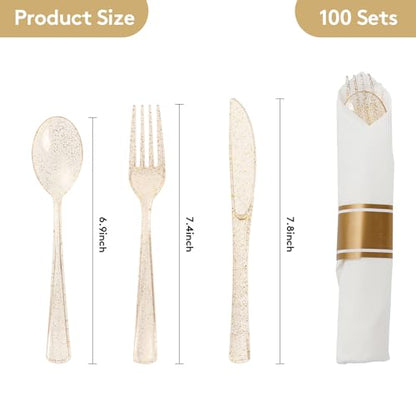 Goodluck 100 Pack Pre Rolled Gold Glitter Plastic Silverware, Wrapped Cutlery Set with Napkin Include 100 Forks, 100 Knives, 100 Spoons and 100 Napkins, Fancy Disposable Silverware for Party, Wedding - size: 100pc, style: Gold Glitter